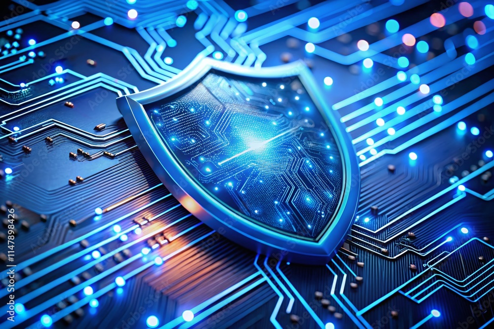 Poster industrial automation cybersecurity: macro shot of digital shield protecting factory network from cy