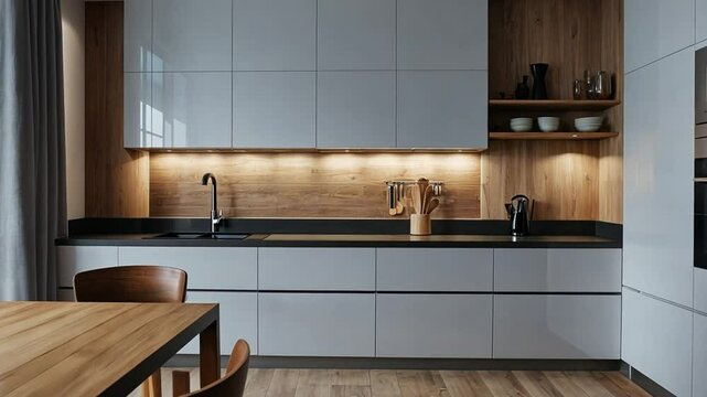 Modern kitchen interior with a combination of storage and appliances in white