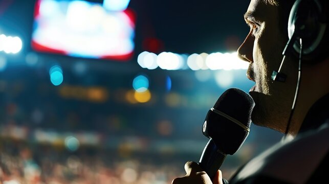 A close-up of a passionate sports commentator speaking into a microphone, wearing a headset. Sports Broadcasting,Commentary,Media,Journalism,Event,Excitement