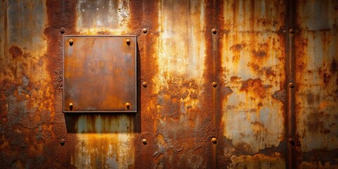 Rustic orange and brown corroded metal surface texture with riveted square panel