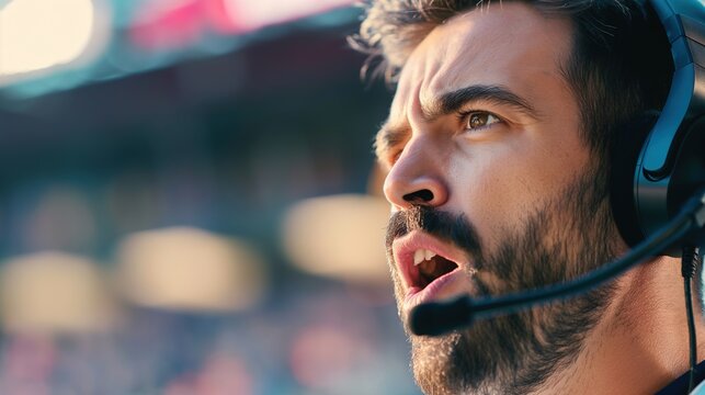 A close-up of a passionate sports commentator speaking into wearing a headset. Sports Broadcasting,Commentary,Media,Journalism,Event,Excitement