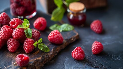 Fresh raspberries and cherries on rustic wooden background