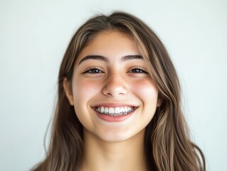 Naklejka premium A smiling teenager postbraces removal, displaying perfectly straight teeth