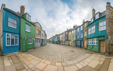 Naklejka premium A wide street view of colorful maritime-style houses in St. Ives, Ryder Quay Street, with green and blue hues. 