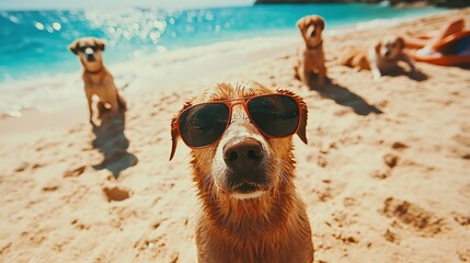 Dogs posing playfully with sunglasses on golden sand near crystal clear ocean waters