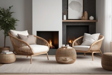 Rattan lounge chair, wicker, pouf and white sofa by fireplace