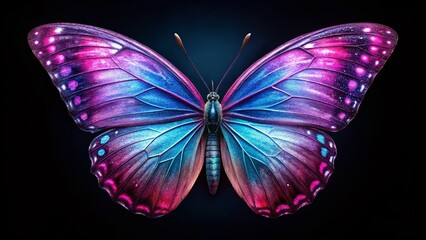 Iridescent Butterfly Wings, Glowing Pink Blue Insect, Vintage Photo, Dark Background