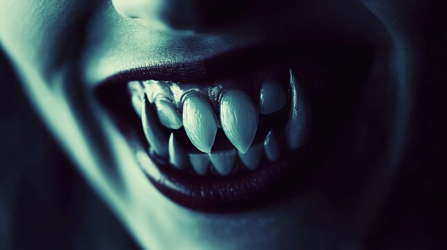 A closeup of a playful vampire smile with exaggerated fake fangs, perfect for a fun Halloween concept