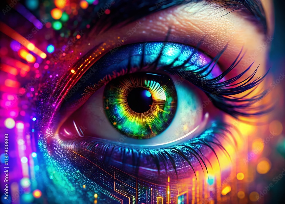 Poster iris eyes reflecting code: close-up landscape photography of programming