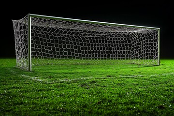 Fototapeta premium Empty Soccer Goal at Night on a Green Field