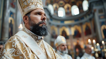 Saint Basil's Day.Elevated view of an ornate church interior filled with worshippers, highlighting beautiful architecture, religious icons, and a grand altar setup.