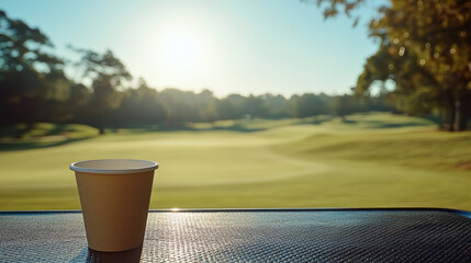 A single disposable coffee cup sits on a table overlooking a lush, green golf course bathed in the warm morning sunlight. Peaceful and serene.