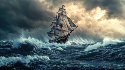 A Stormy Sea with a Ship Battling the Waves