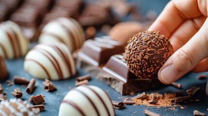 National Buffet Day.Close-up of a hand holding a rich, chocolate truffle dusted with cocoa powder, surrounded by a variety of gourmet chocolates in a refined setting.