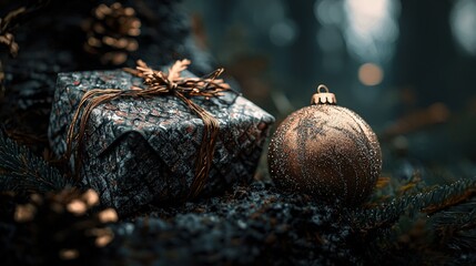 Obraz premium Rustic Christmas gift and ornament in dark forest setting.
