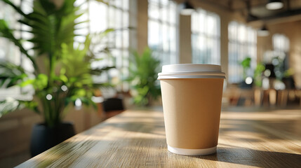 A takeaway coffee cup sits on a wooden table in a bright, sunlit cafe. The warm lighting and natural elements create a cozy atmosphere.