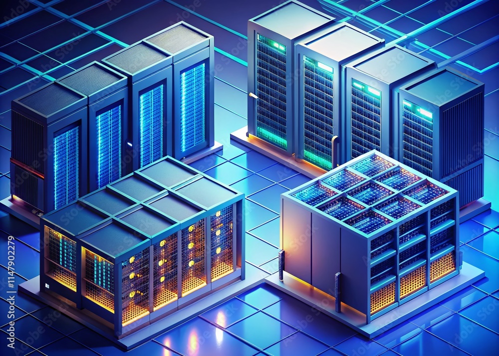 Poster isometric data center web hosting server rack cloud computing infrastructure network technology