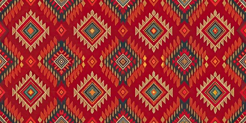 Intricate Geometric Textile Design with Vibrant Red and Gold Hues