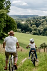 Fototapeta premium Motivation and Inspiration Day.A scenic countryside ride with a father and daughter cycling along a narrow dirt path surrounded by lush green fields and rolling hills.