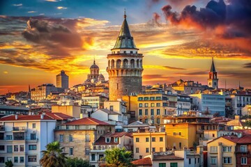 Fototapeta premium Istanbul Galata Tower Sunset Photography, Golden Hour, Turkish Landmark, Cityscape Image, Panoramic View