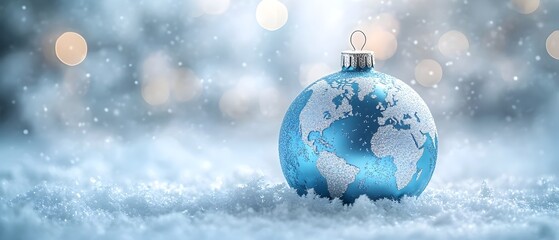 a world map in shimmering blue and silver hues, hanging against a snowy white backdrop with soft bokeh lights. christmas world map globe ornament ball in blue colors banner with copy space
