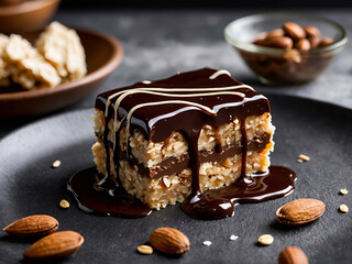 Delicious almond bars topped with rich chocolate drizzle, garnished with whole almonds and seeds on a rustic dark surface.

