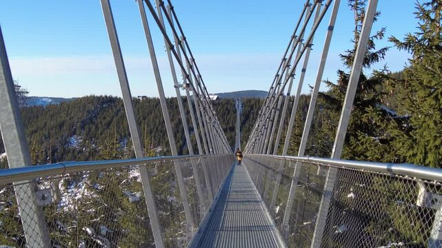 Sky Bridge 721, Lower Moravia, Czech Republic - December 1, 2024: The longest pedestrian suspension bridge in the world. Mountain resort Dolni Morava