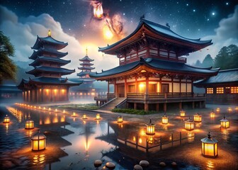 Japanese Temple Night Photography: Serene Lantern Lit Scenery, Ancient Architecture, Dark Night Sky, Illuminated Pagoda, Mystical Atmosphere
