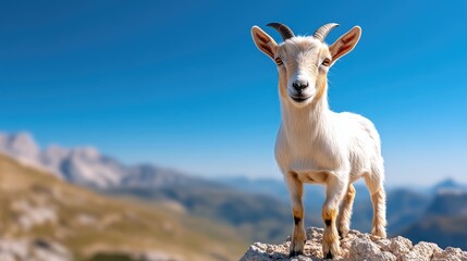 Obraz premium Majestic Mountain Goat Posing on Rocky Peak with Clear Blue Sky in Stunning Alpine Landscape