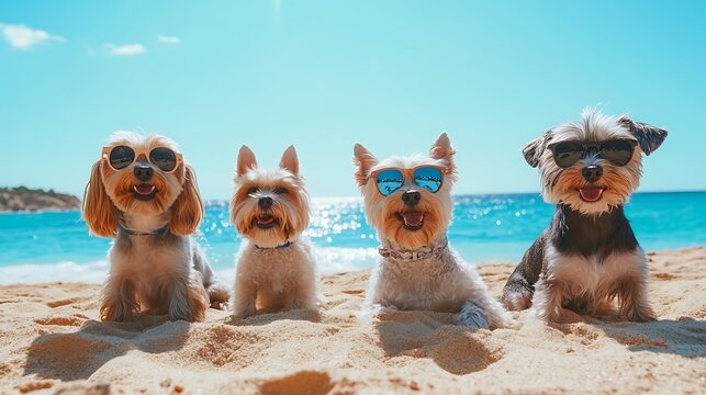 Dogs sitting playfully with sunglasses on soft sand with the clear blue sea in the distance