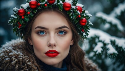portrait of a woman wearing a mistletoe wreath