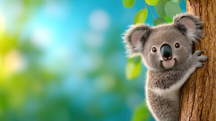 Naklejka premium Adorable Koala Clinging to Tree with Vibrant Green Leaves and Bright Blue Background in Natural Habitat