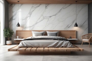 Modern bedroom interior mock up, wooden rattan bed on empty marble wall background