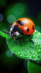 Obraz premium Vibrant Ladybug Resting on Dew-Kissed Leaf in Lush Greenery with Soft Focus Background