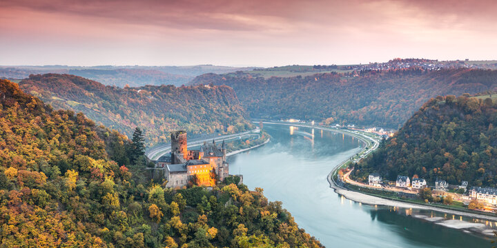 Burg Katz castle and romantic Rhine river in autumn at sunset, Germany
