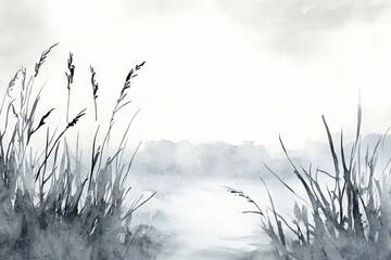 Obraz premium Tranquil watercolor scene featuring tall grasses and a misty horizon, evoking calm and serenity in monochrome shades.