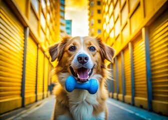 Joyful Dog Blue Toy Bone Yellow Background Urban Exploration Photography