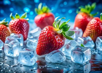 Artistic Macro Strawberries Ice Cubes Dripping