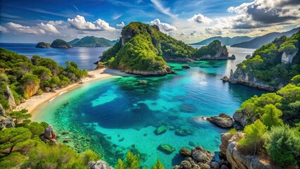 Fototapeta premium Serene Coastal Cove with Lush Green Hills and Turquoise Waters