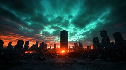 Apocalyptic city skyline at sunset with fiery clouds and rubble.