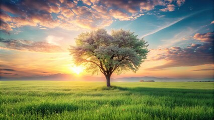 Fototapeta premium Serene Sunset Landscape Featuring a Solitary Tree in a Verdant Field