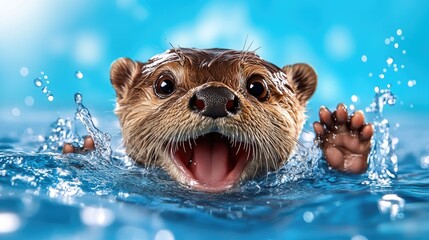Adorable Otter Joyfully Swimming in Crystal Clear Blue Water with Splashing Droplets