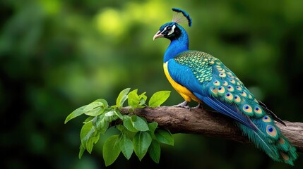 Vibrant Peacock Perched on a Branch in Lush Greenery with Stunning Plumage Display and Natural Background