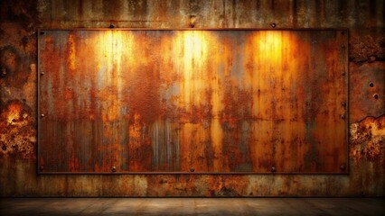 Illuminated Rusty Metal Panel on Weathered Wall Background