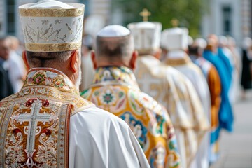 Obraz premium Saint Basil's Day.Bishops dressed in ornate gold-embroidered robes lead a solemn religious procession outdoors.