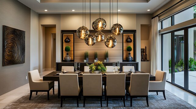 Elegant dining room featuring modern chairs a sleek table and pendant lights in a stylish space