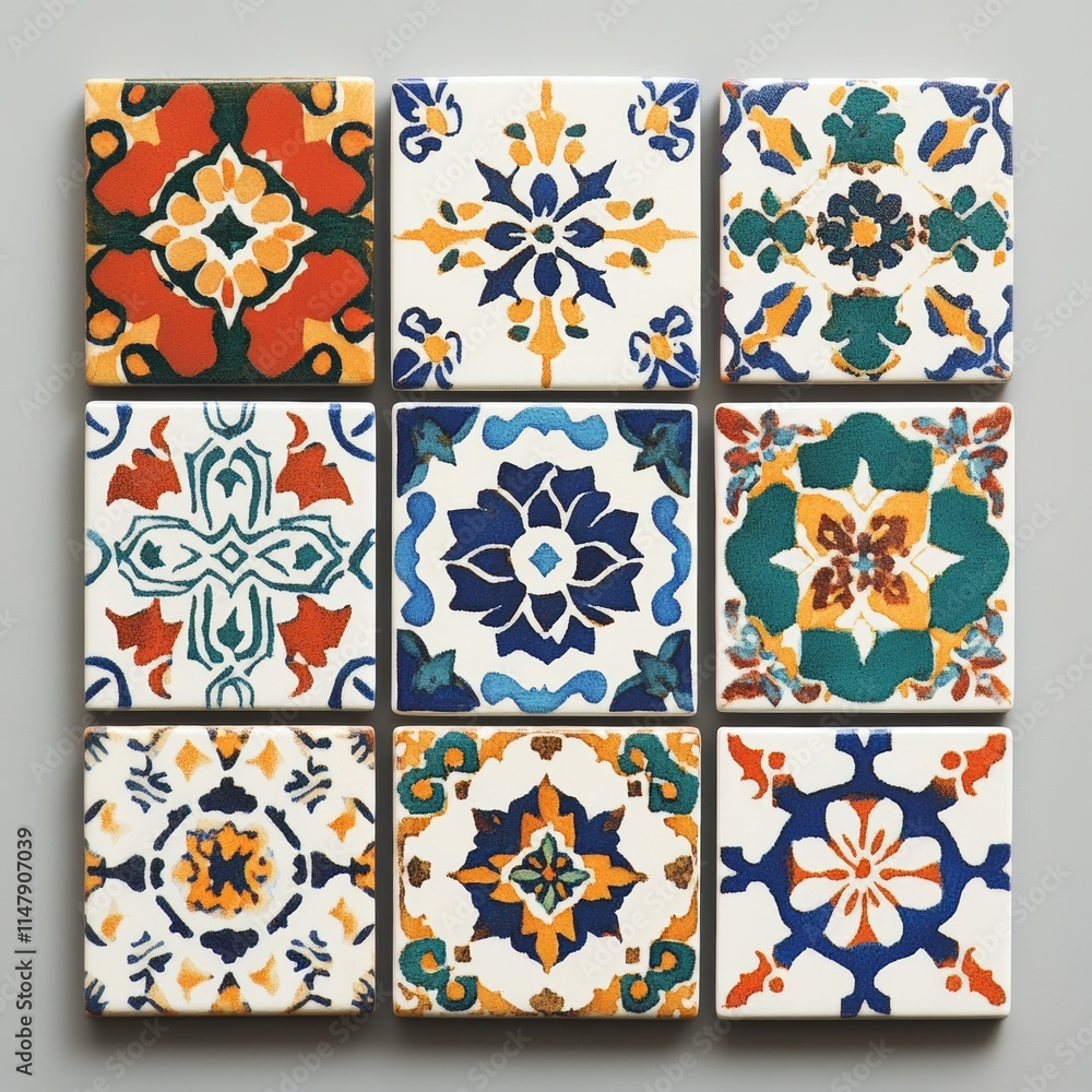 Poster a set of nine tiles with different designs. the tiles are arranged in a square. the tiles are colorf