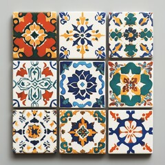A set of nine tiles with different designs. The tiles are arranged in a square. The tiles are colorful and have various patterns