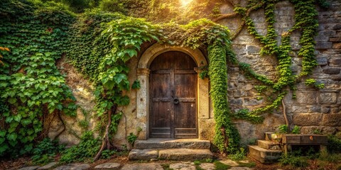 Fototapeta premium Ancient Wooden Doorway Concealed by Lush Greenery on a Stone Wall