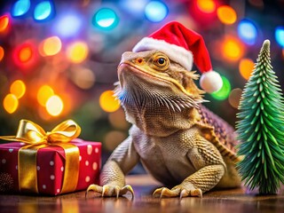 Obraz premium Christmas Bearded Dragon, Festive Reptile, Holiday Decor, AI Art, Cute Lizard, Santa Hat, Christmas Tree, Gift Boxes